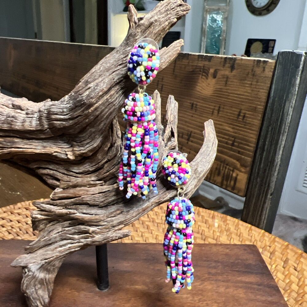 SUGARFIX by BaubleBar Tiny Bright Beaded Tassel Earrings Rainbow Colorful